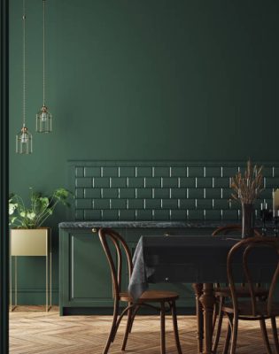 Modern dark deep green kitchen interior, wall mock up, 3d render